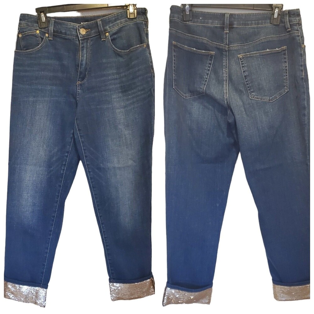 Chico's Womens Boyfriend Ankle Jeans Blue With Emblish Gold Ends Size 4R